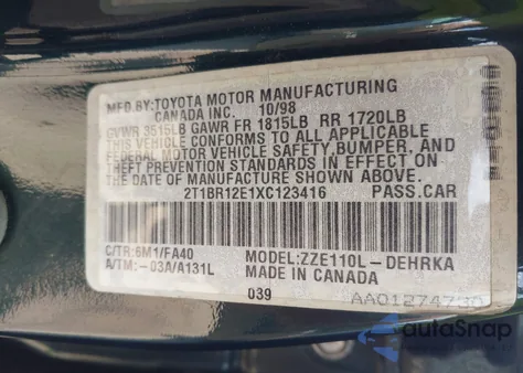 1999 Toyota Corolla Ve from USA, damaged, VIN 2T1BR12E1XC123416